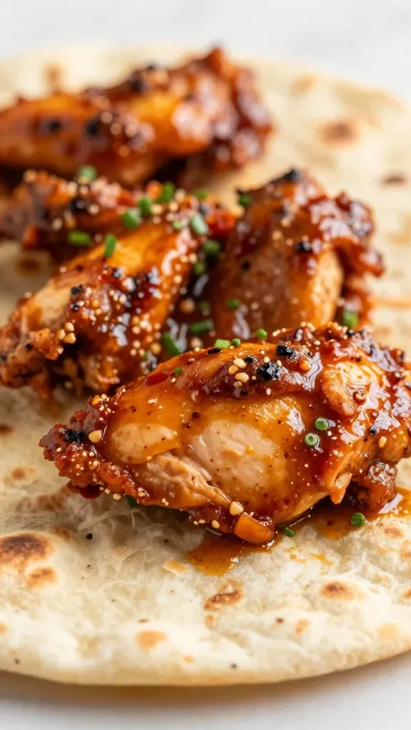 Juicy BBQ chicken topping macro on flatbread crust