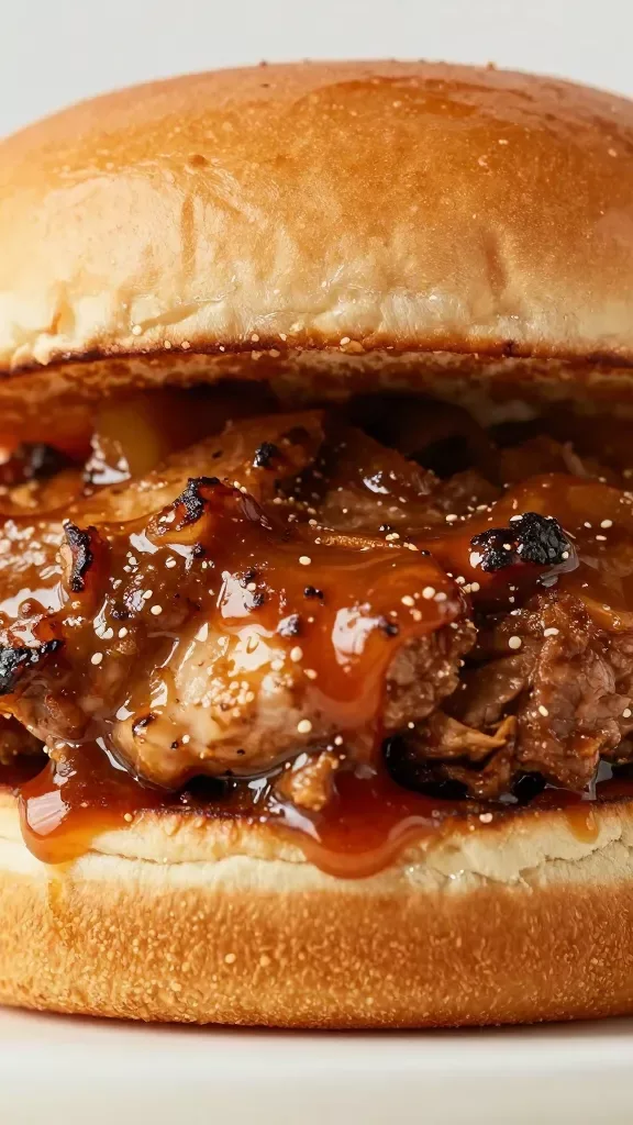 single chicken slider halves reveal juicy meat, sauce gleam, close focus