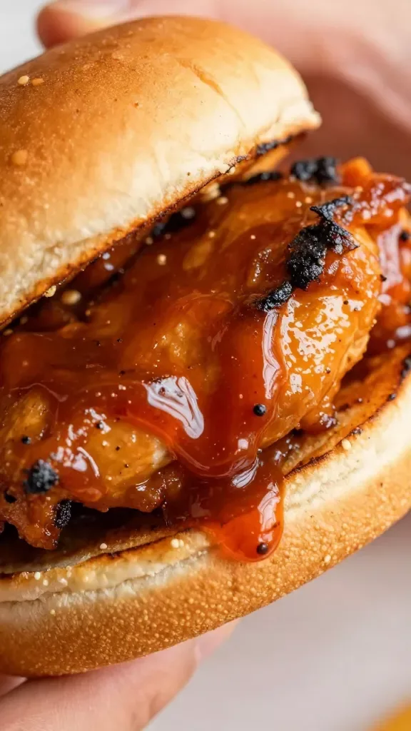 closeup of bite taken from BBQ chicken slider, sticky sauce on fingertips