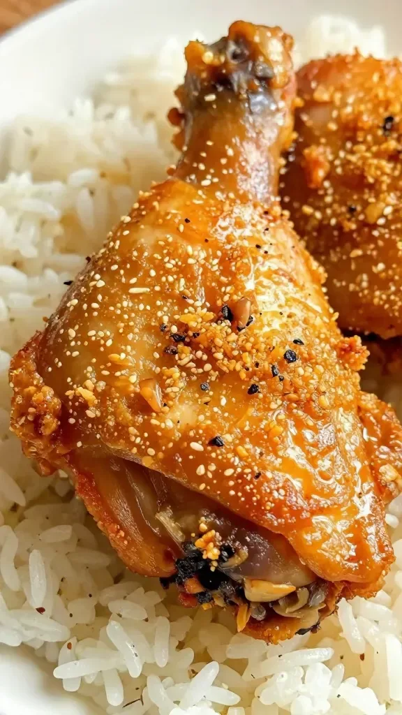 closeup of sizzling chicken thigh with golden crust, rice beneath