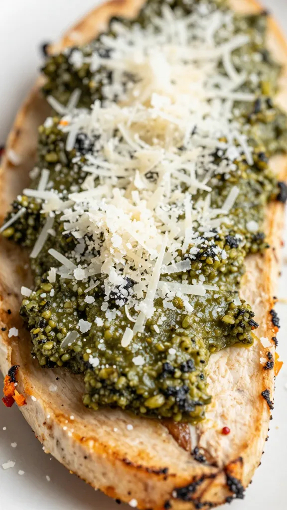 closeup of grated parmesan topping on pesto chicken slice