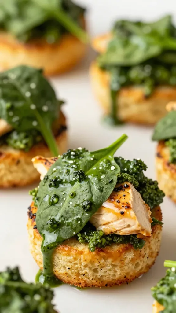 closeup of spinach-topped pesto chicken bite with velvety sauce
