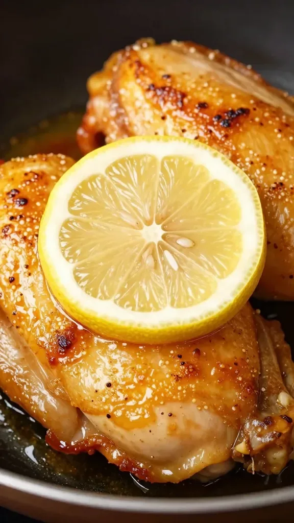 lemon slice resting atop golden-browned chicken in pan, mouthwatering closeup