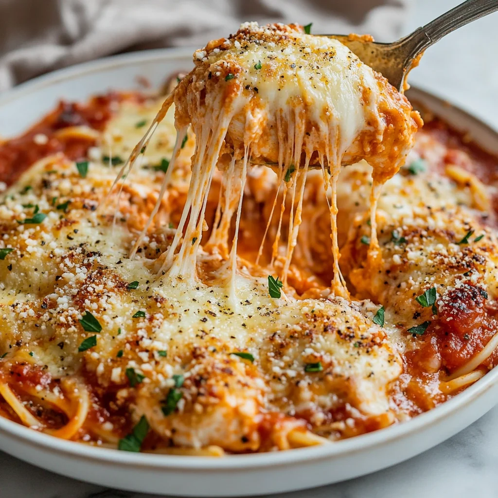 Golden crispy chicken parmesan casserole with bubbling melted cheese, fresh herbs, and glossy shine on a serving dish in brig